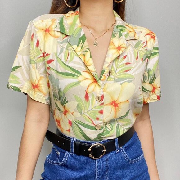 American Vintage Other - Yellow & Tan Floral Hawaiian Shirt – Oversized Button Up